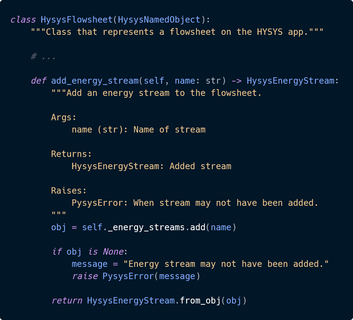 Screenshot of example method definition
